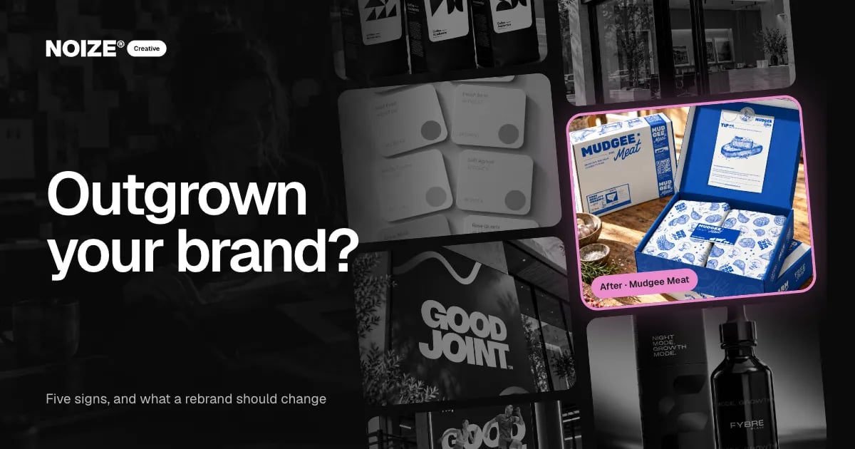 A wall of greyscale brand work with one full-colour Mudgee Meat rebrand lit up, captioned After.